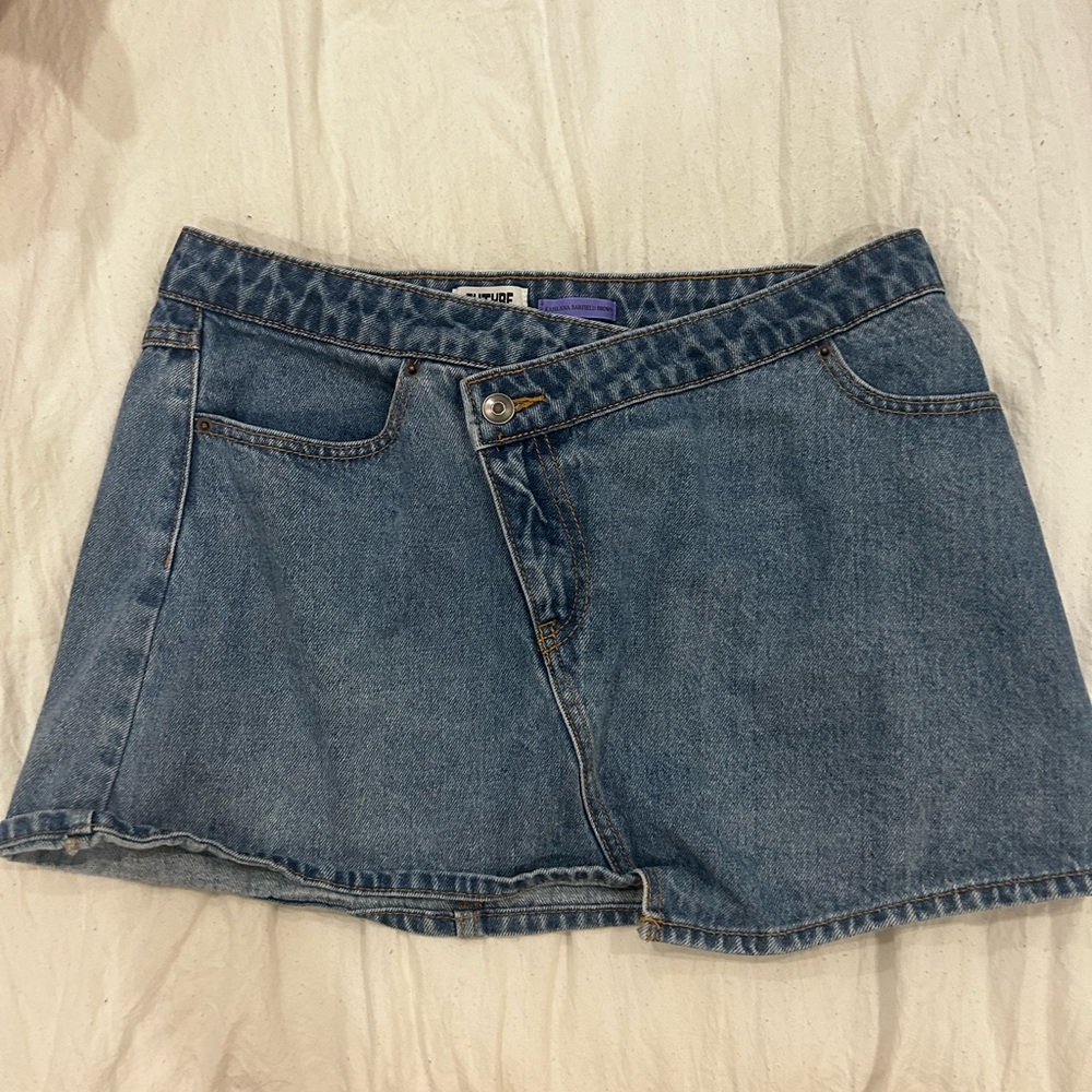Future Collective Mini Skirt V-Waist Asymmetrical Medium Wash Blue Denim